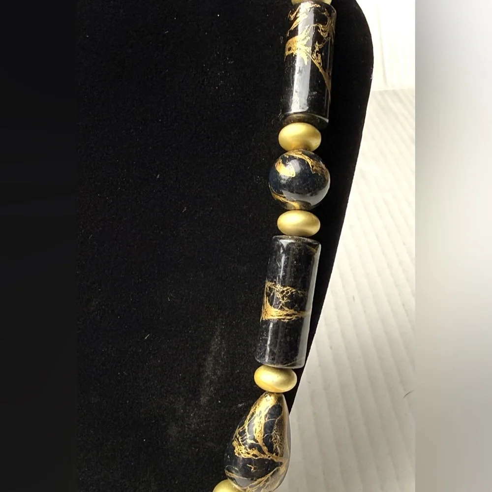 Vintage Black & Gold Splatter Beaded Necklace Jewelry MCM Mid Century Modern 80s